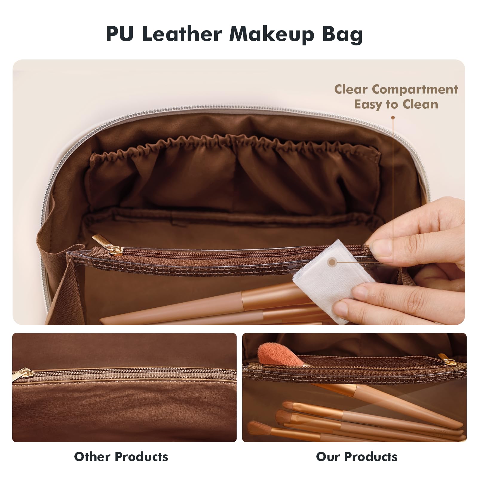 Prite bolso maquillaje a cuadros marrón, protección reforzada para paletas y frascos.