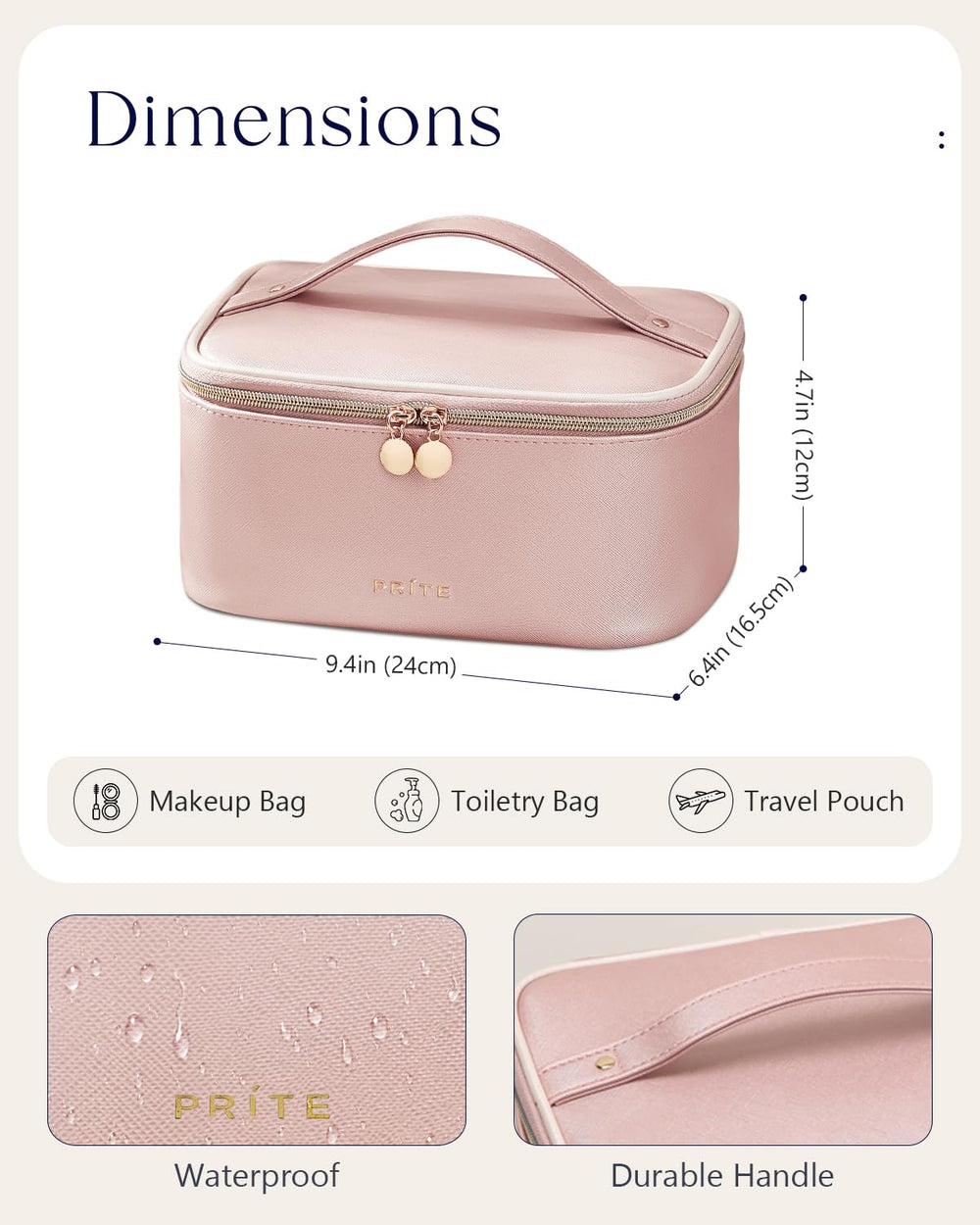 Compártimentos para brochas en el bolso Prite con funda transparente.