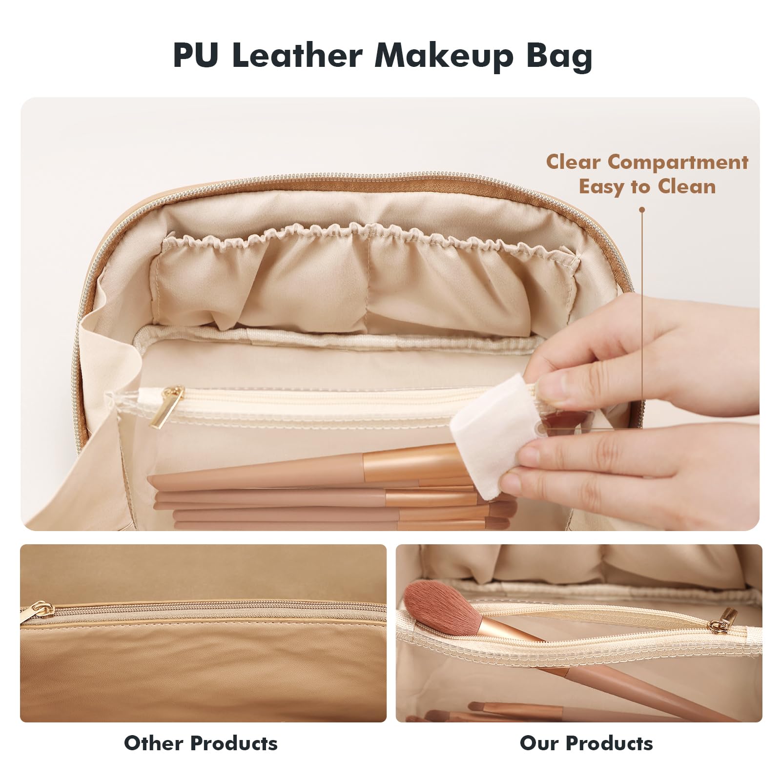 Prite bolso maquillaje diseño moderno con asa suave para transporte.