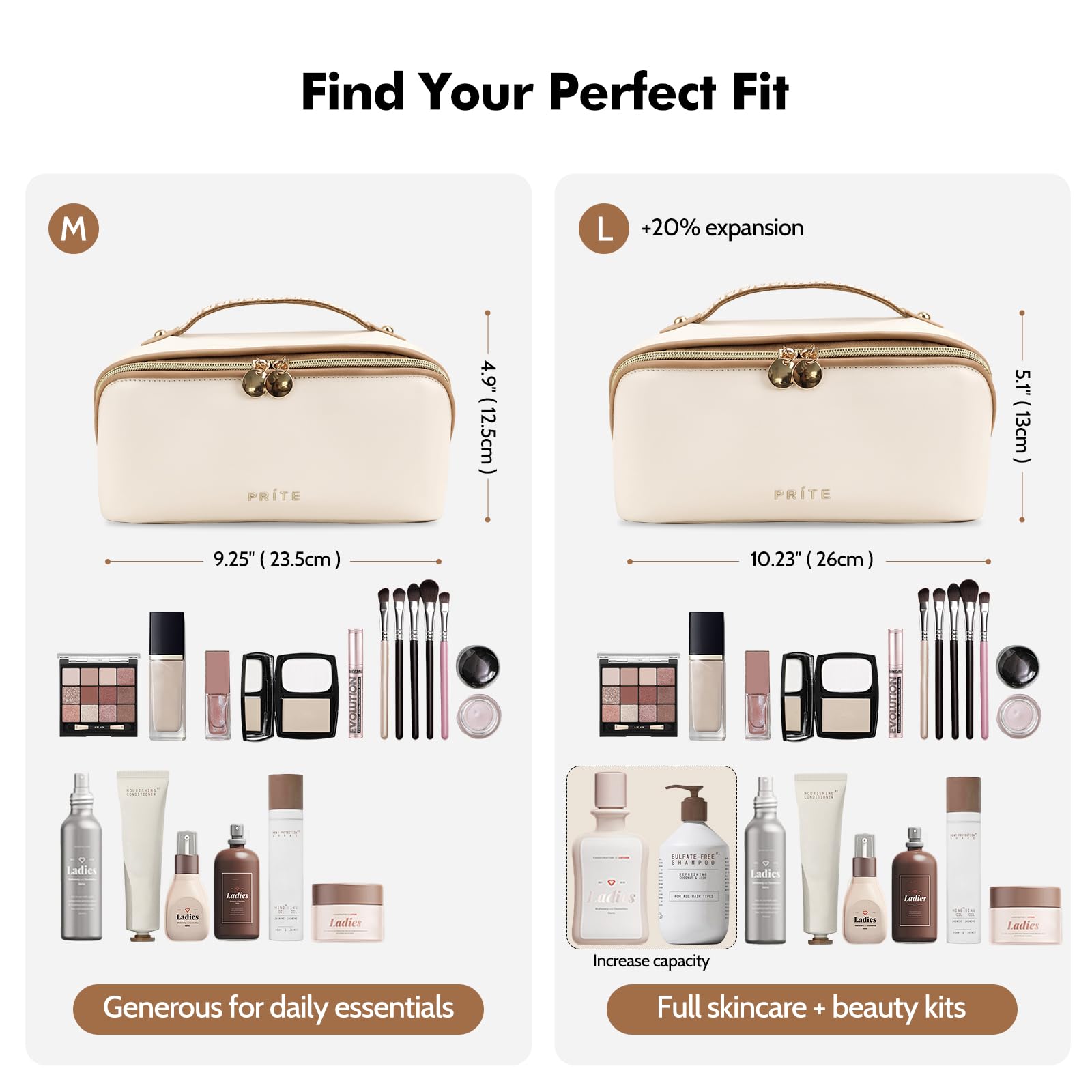 Prite bolso maquillaje grande beige con divisor para cosméticos y brochas.