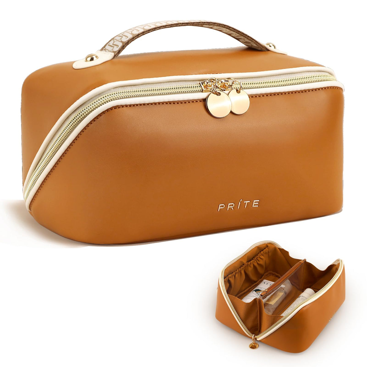 Prite bolso de maquillaje grande en cuero vegano, vista frontal; ideal para viaje.