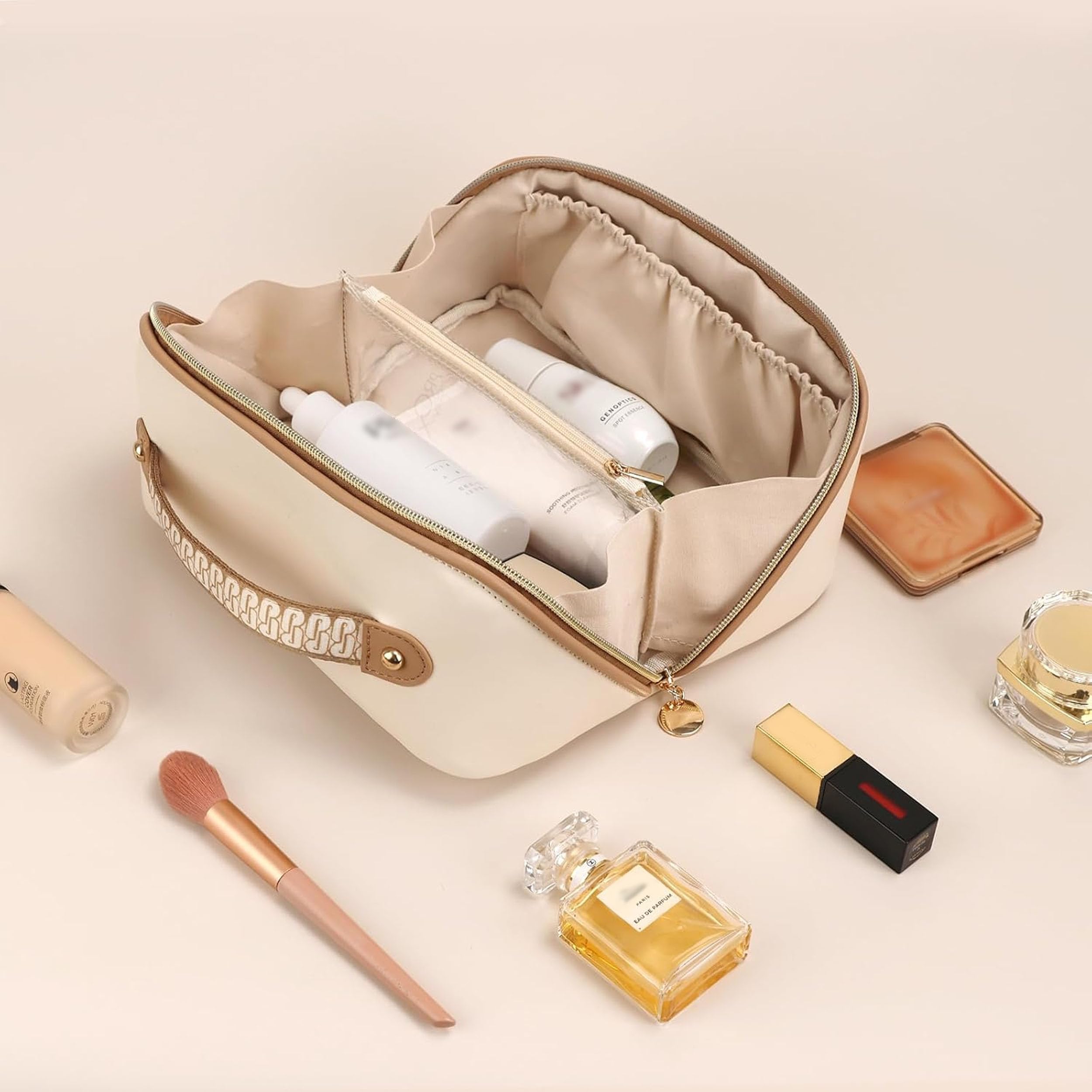 Prite bolso maquillaje interior acolchado protege artículos frágiles.