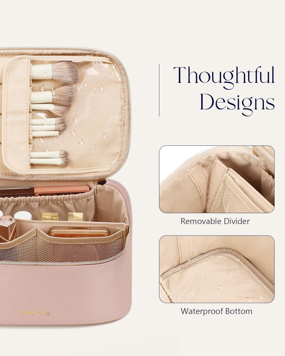 Prite bolsa de maquillaje para viaje, diseño ligero y compacto.