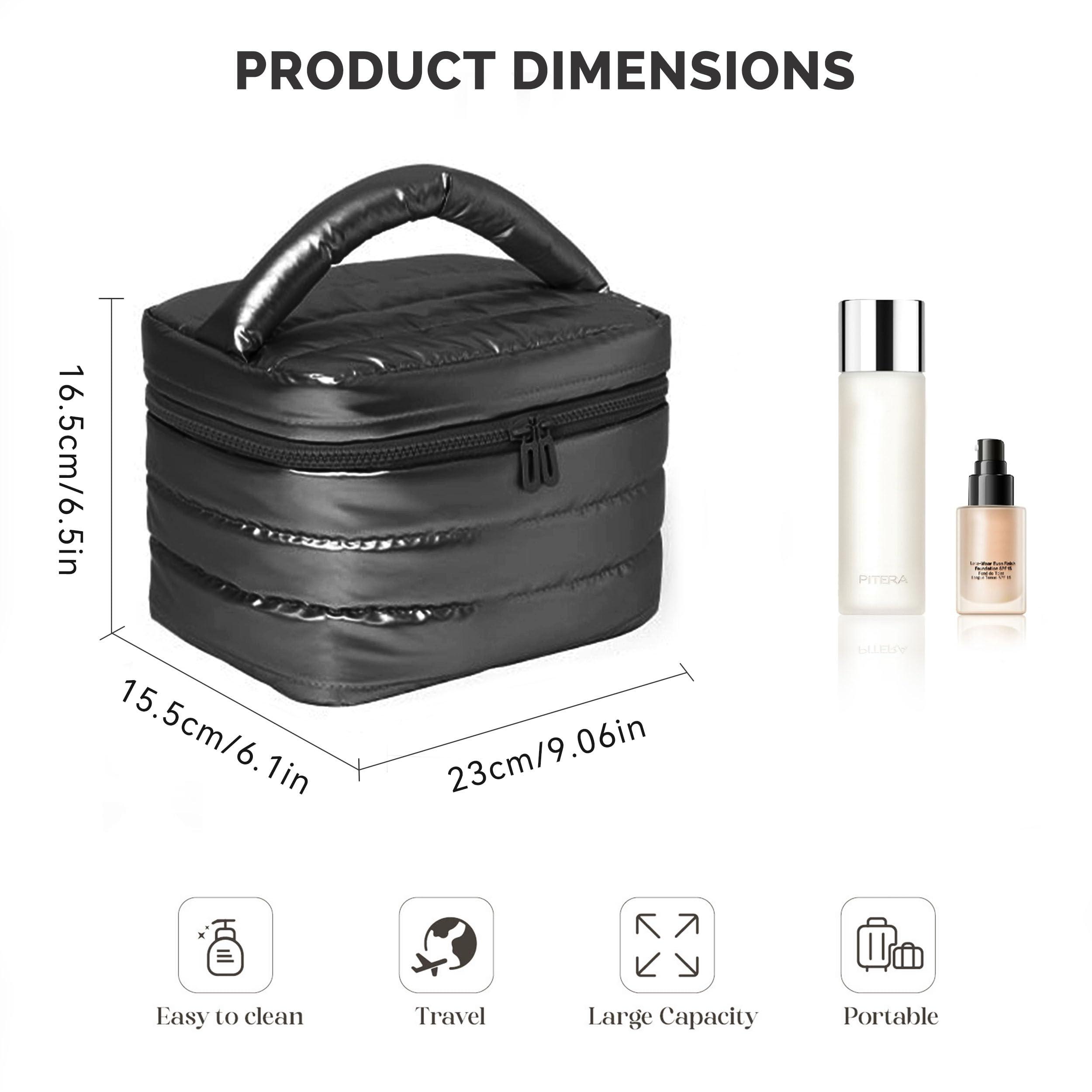 Prite Puffy bolso de maquillaje negro, abertura superior con cremallera para acceso rápido.