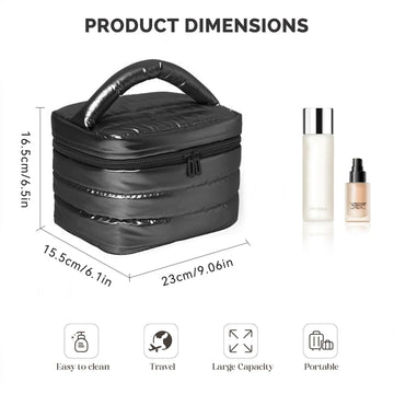 Prite Puffy bolso de maquillaje negro, abertura superior con cremallera para acceso rápido.