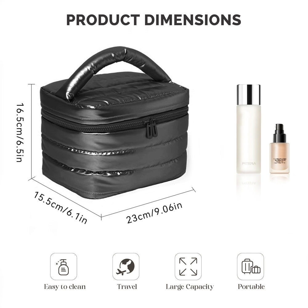 Prite Puffy bolso de maquillaje negro, abertura superior con cremallera para acceso rápido.