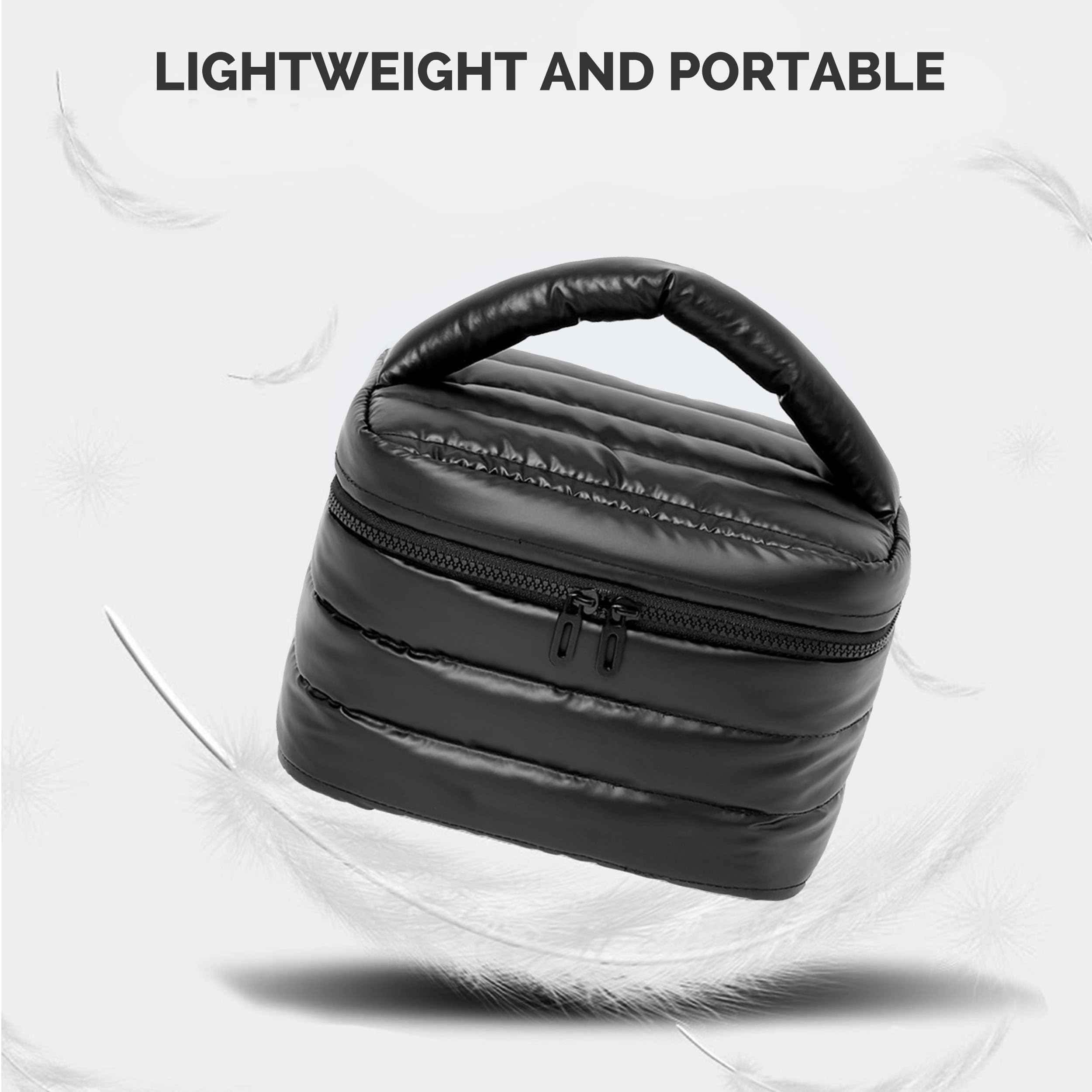 Prite Puffy bolso de maquillaje negro, almacenamiento superior para brochas y labiales.