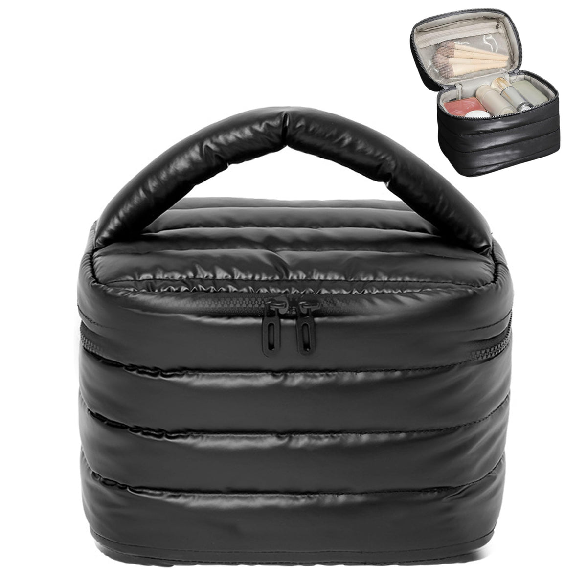Prite Puffy bolso de maquillaje negro, vista frontal con asa acolchada para viaje.