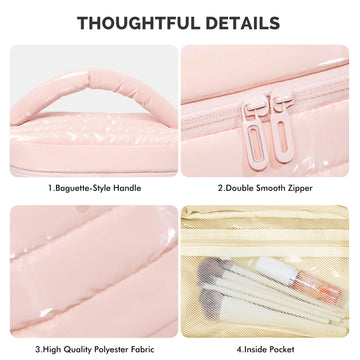 Prite Puffy rosa, gran capacidad para botellas y paletas de maquillaje.
