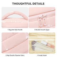Prite Puffy rosa, gran capacidad para botellas y paletas de maquillaje.