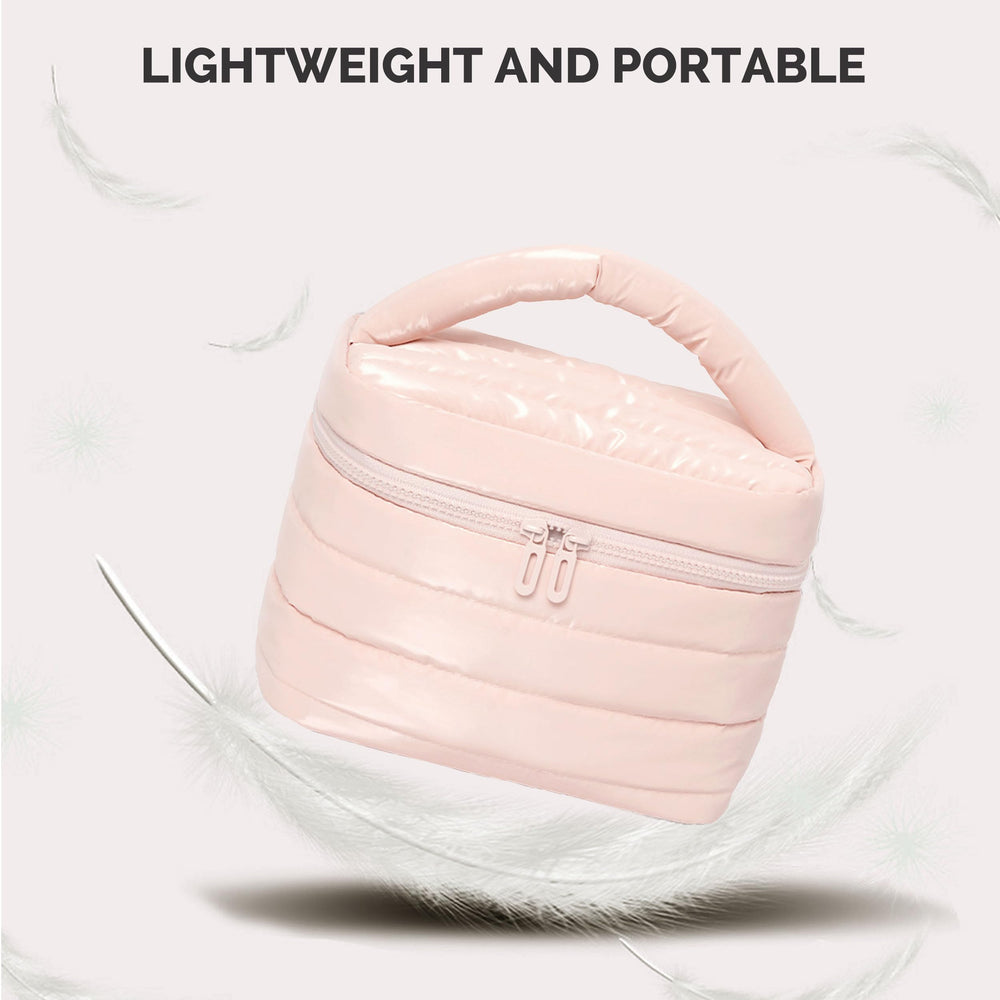 Prite Puffy rosa, cierre zip, protege productos durante el transporte.