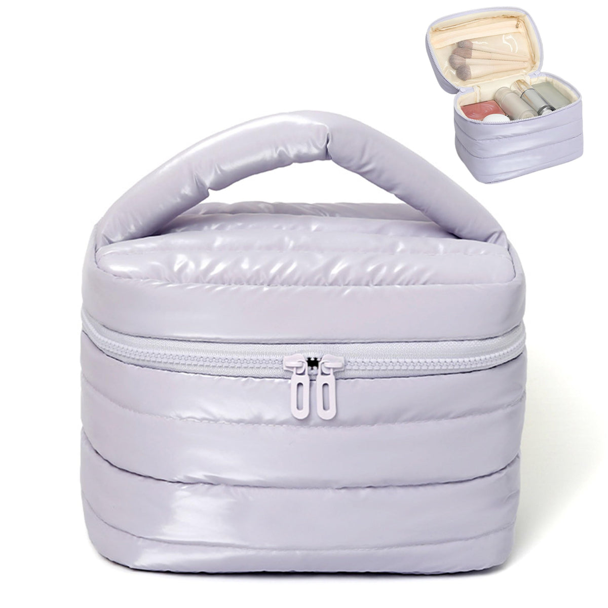 Prite bolso de maquillaje violeta frontal, organización elegante para tus esenciales