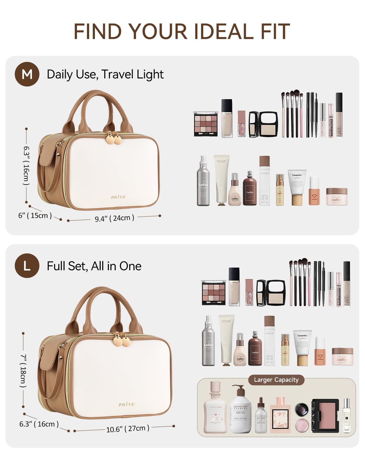 Interior con tres compartimentos para organizar cosméticos