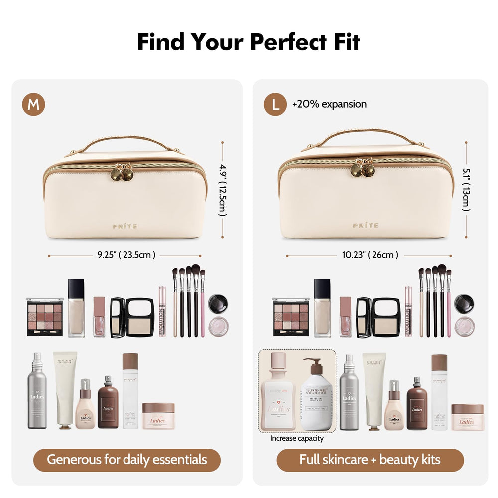 Prite neceser maquillaje mujer abierto interior — acceso rápido a cosméticos y brochas.