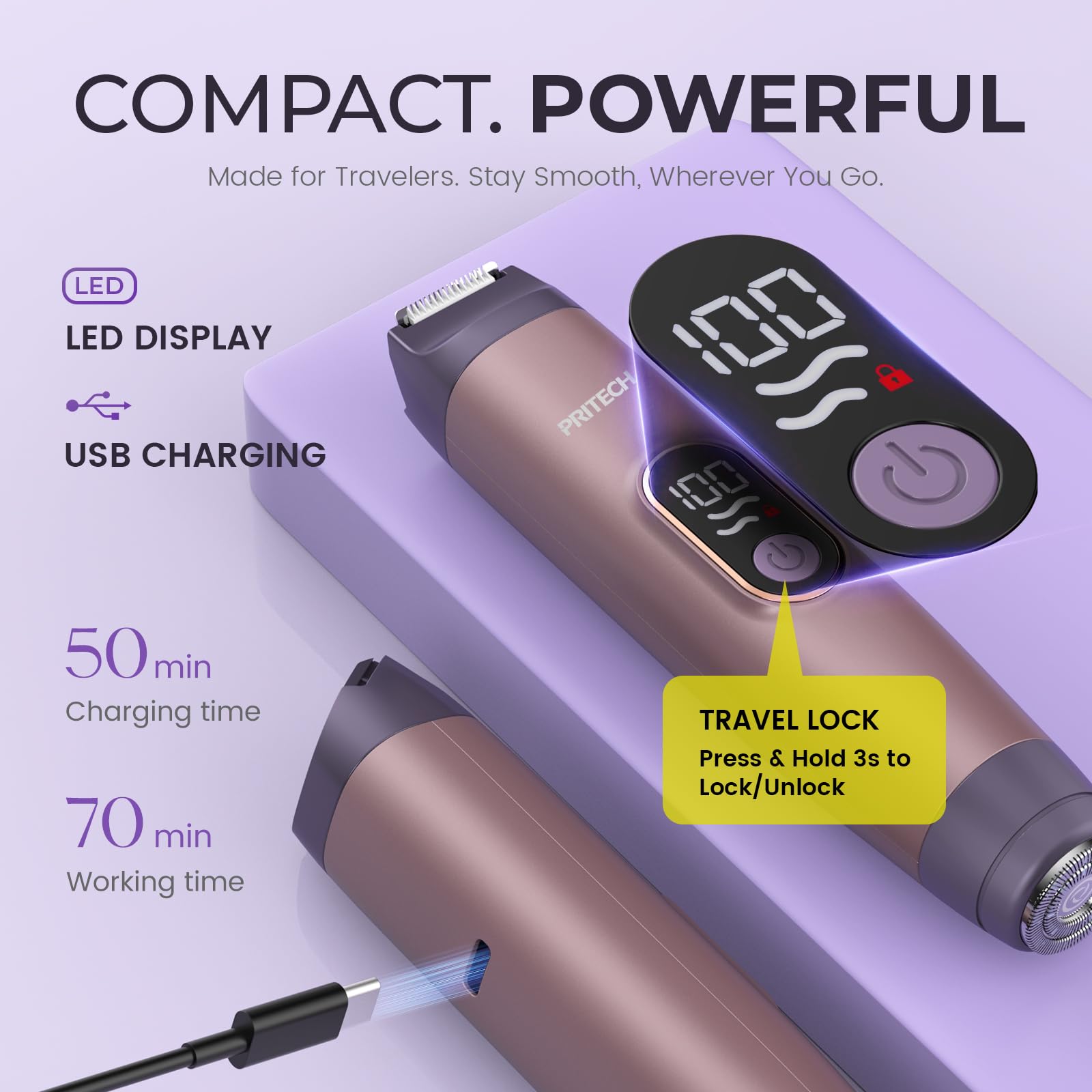 PRITECH Bikini Trimmer con cierre de seguridad para viaje seguro.