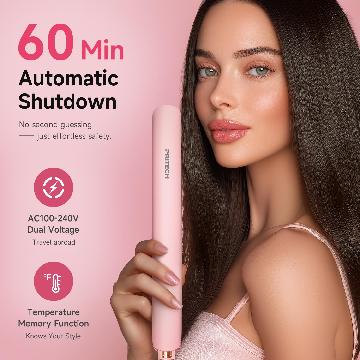 PRITECH plancha de pelo 1 pulgada titanio rosa, apagado automático a 60 minutos para seguridad