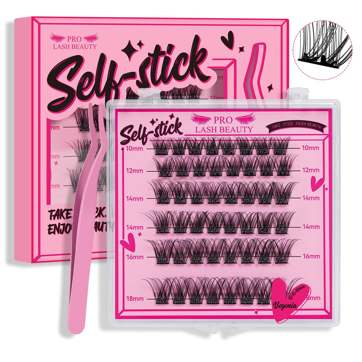 PRO LASHBEAUTY Begonia 10-18mm, conjunto de pestañas cluster para volumen natural