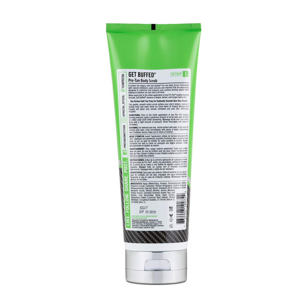Pro Tan Get Buffed exfoliante, textura tropical, realza color y prepara la piel para el bronceado.