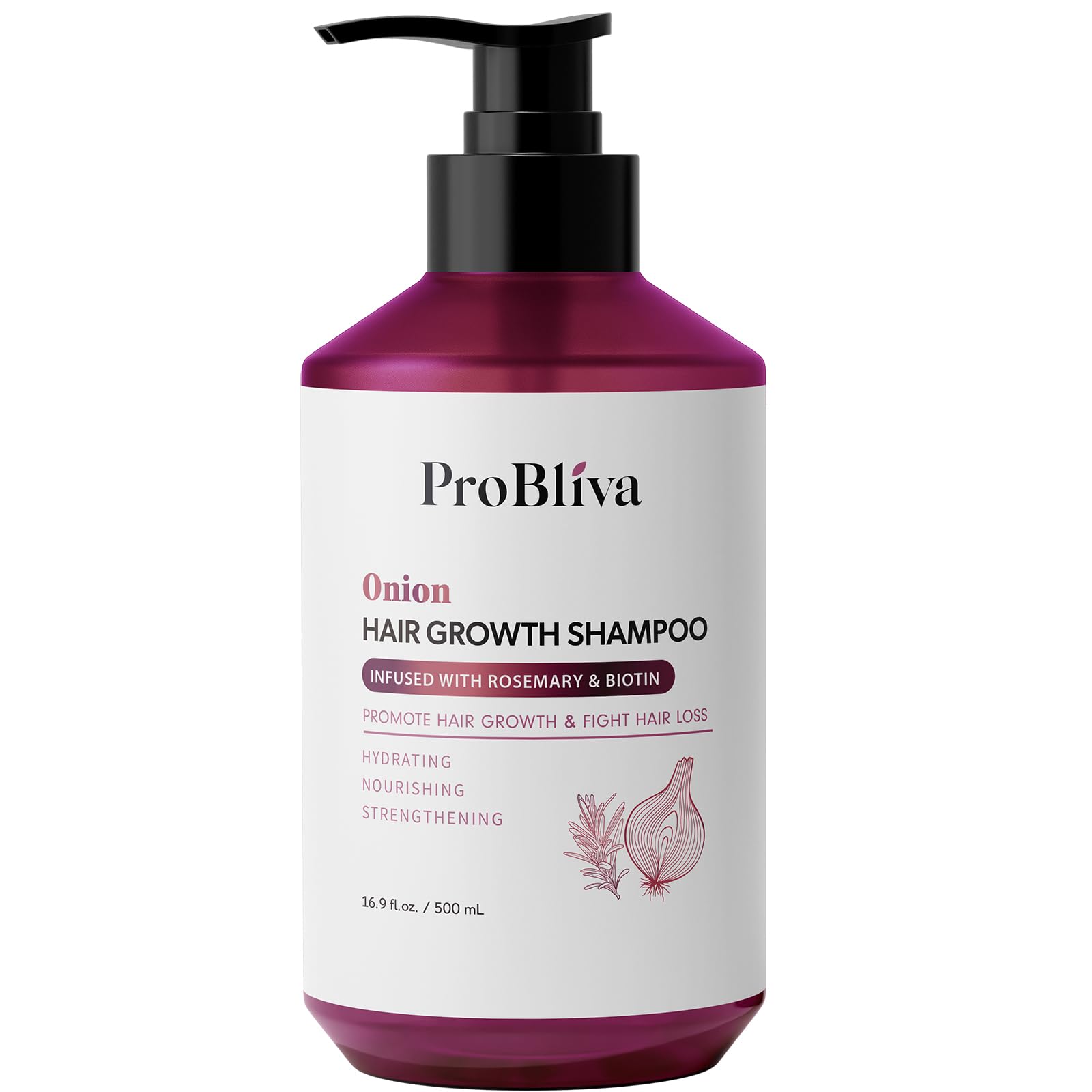 ProBliva onion and biotin shampoo bottle front promotes healthier-looking hair.