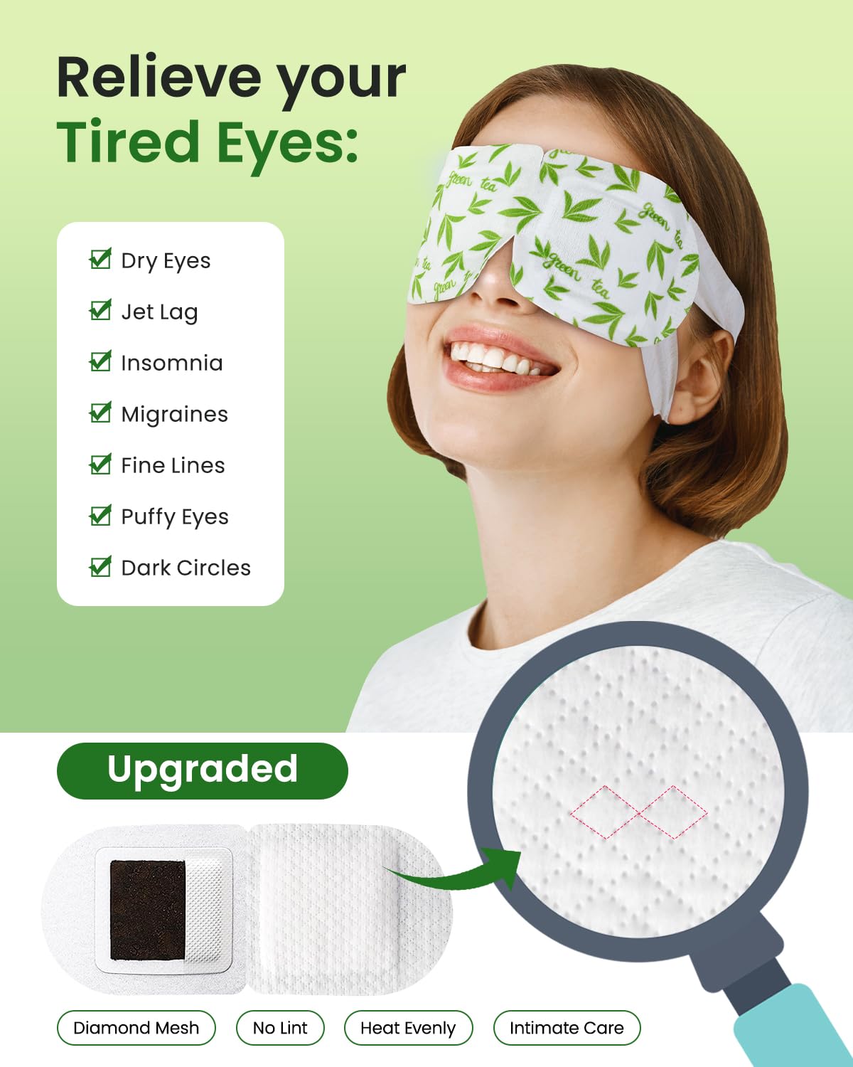 ProCIV vapor te verde mascara ojos close-up, liberando vapor suave para comodidad ocular.