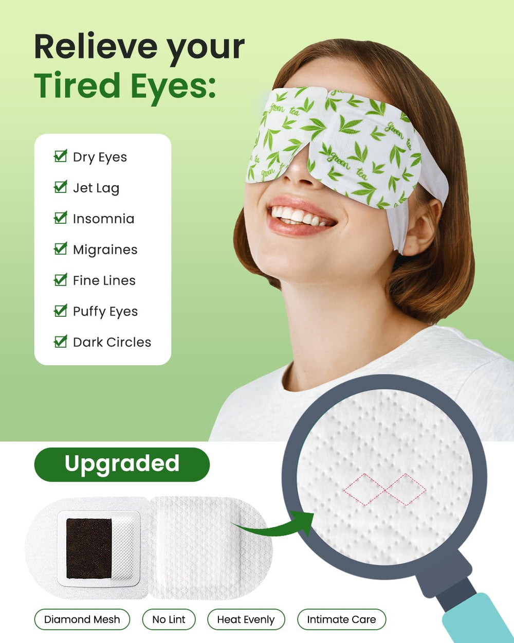 ProCIV vapor te verde mascara ojos close-up, liberando vapor suave para comodidad ocular.