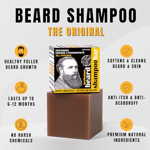 Professor Fuzzworthy's champú para barba, etiqueta, aroma masculino natural.