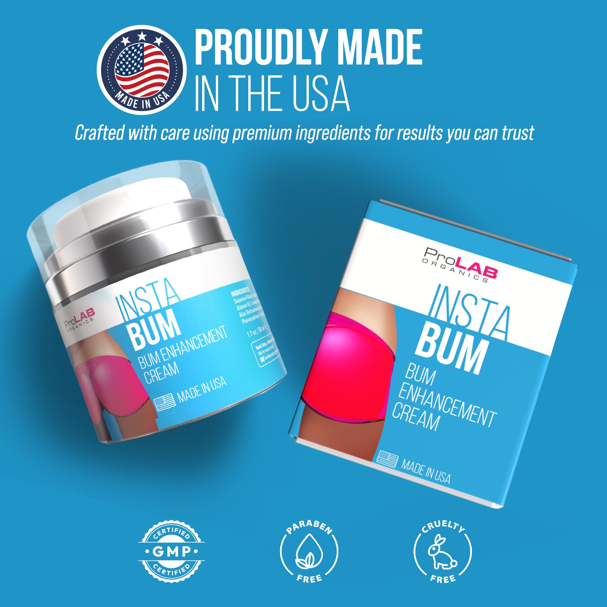Envase de ProLab Organics InstaBum hecho en Estados Unidos.