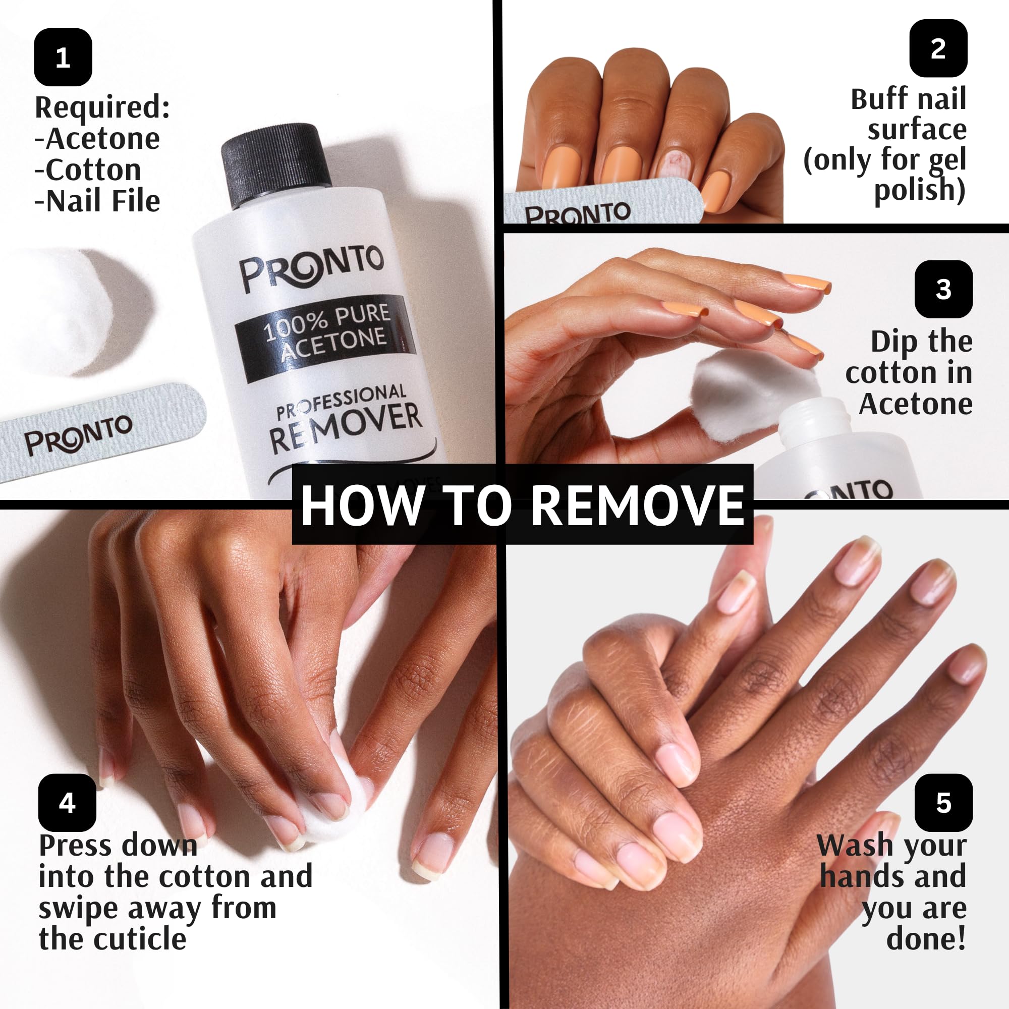 Manos con acabado limpio tras remover gel con Pronto