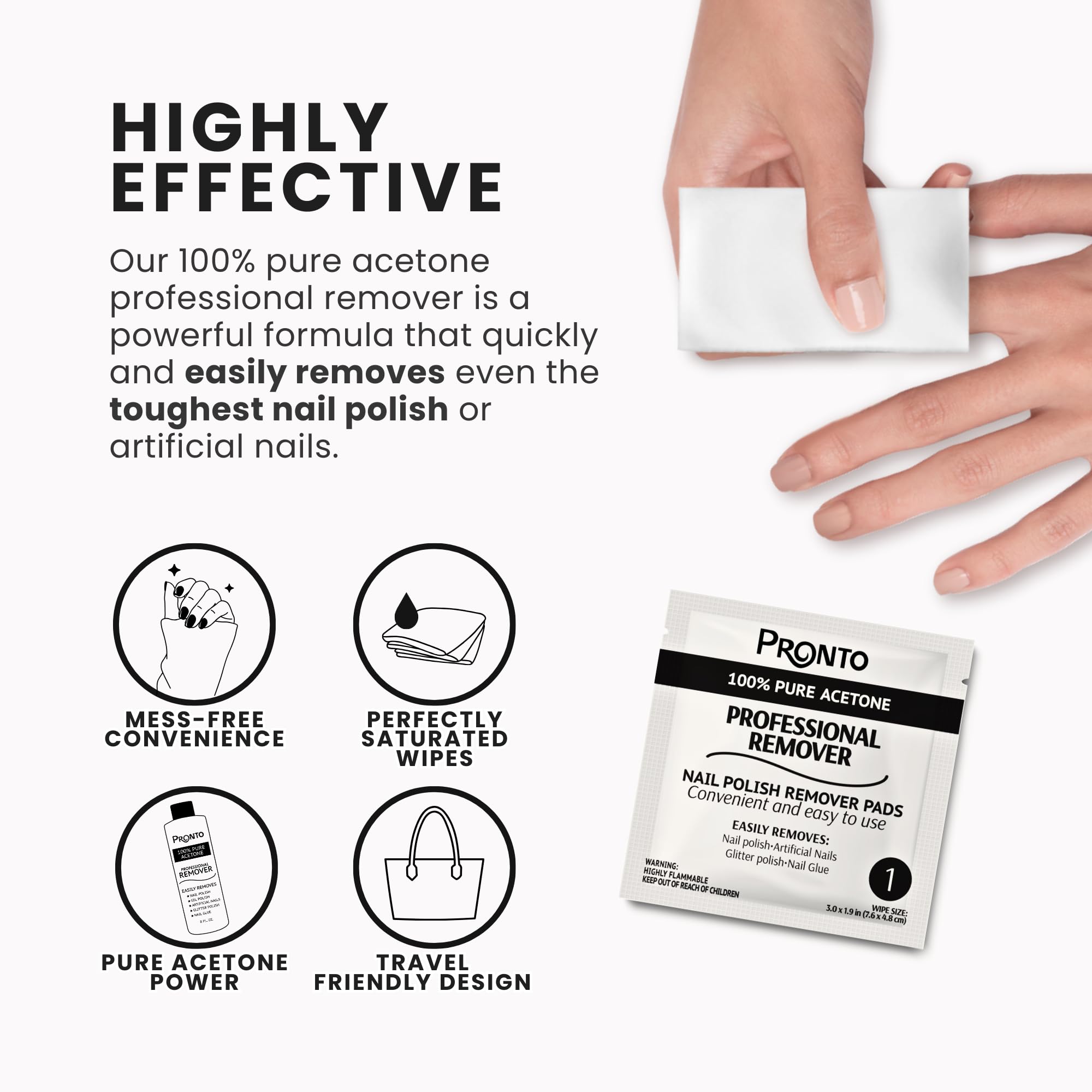 Pronto almohadillas de acetona para remover esmalte rápidamente.