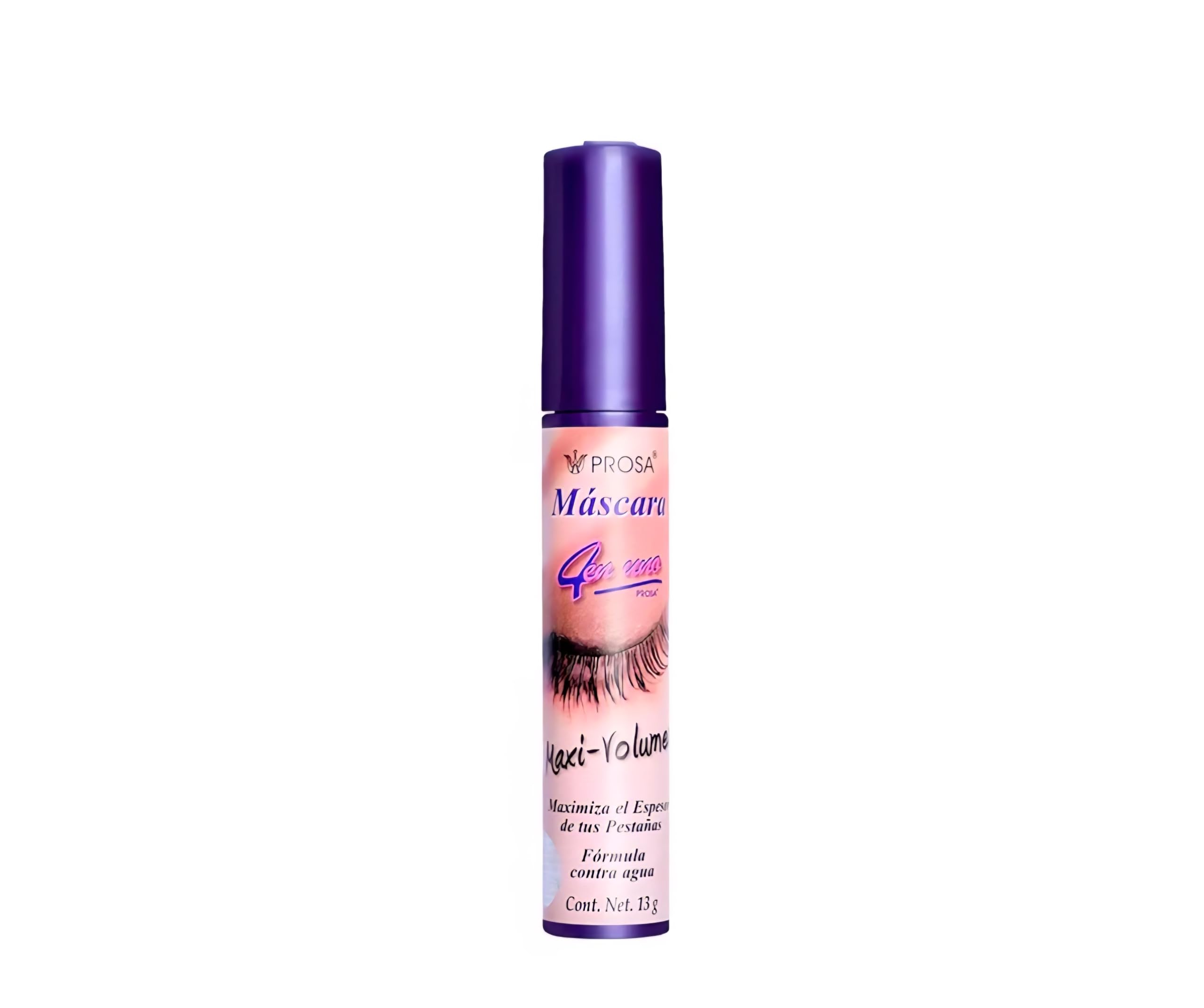 Prosa 4 en 1 Maxi-Volumen Mascara con aplicador para ampliar volumen y definir pestañas.