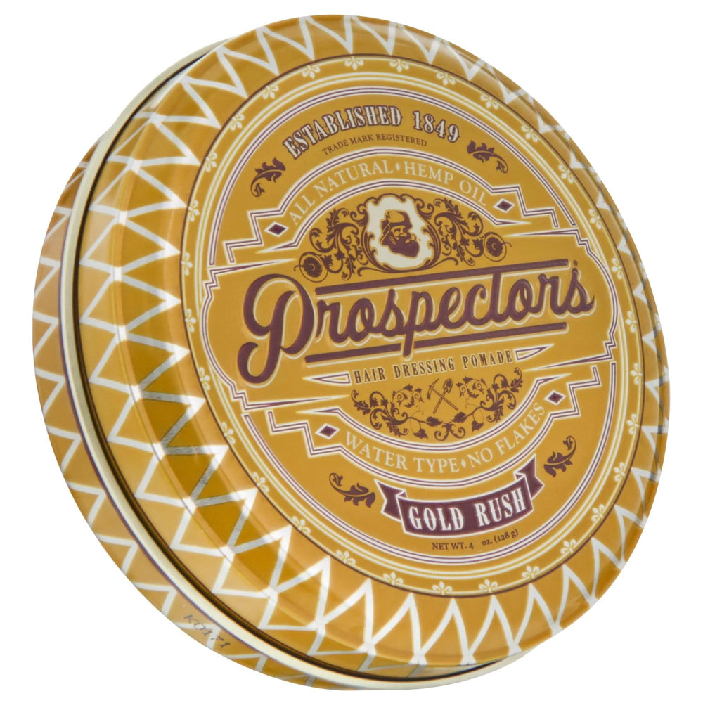 Prospectors Gold Rush Pomada en lata de 4 oz para peinado con brillo suave y definición.