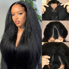 Prtyopp V-Part Wig kinky straight, frente natural para un look realista.