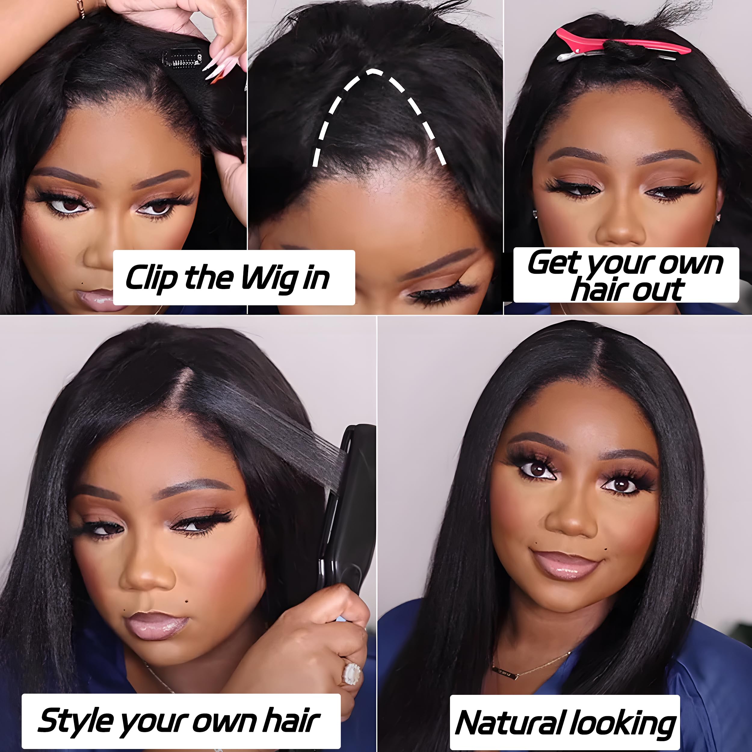 Prtyopp V-Part Wig kinky straight, uso diario cómodo con ajuste seguro.