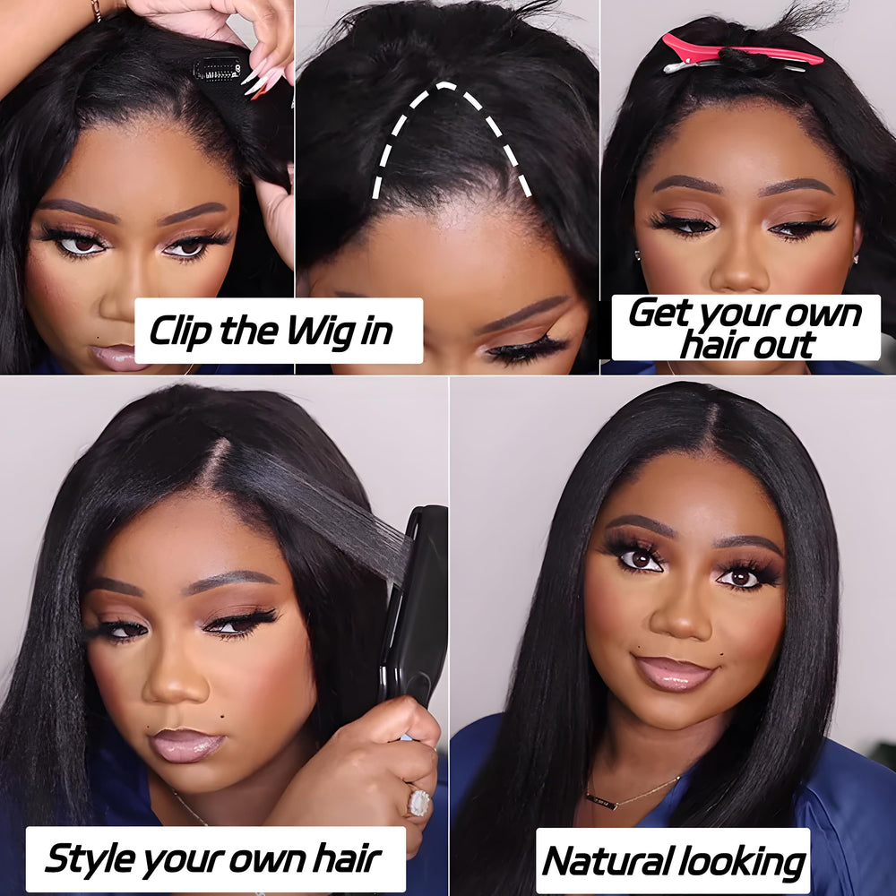 Prtyopp V-Part Wig kinky straight, uso diario cómodo con ajuste seguro.