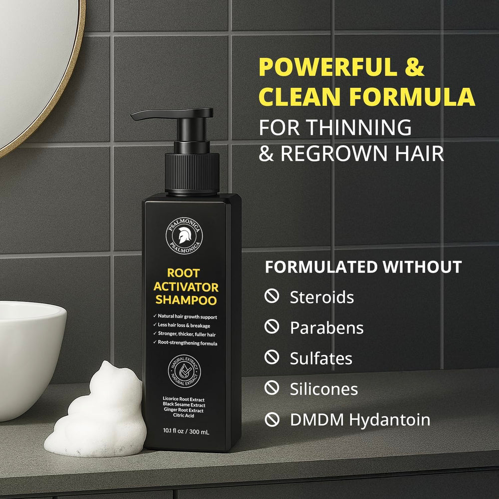 Psalmonica Root Activator Champú, apto para mujeres y hombres con cabello fino.