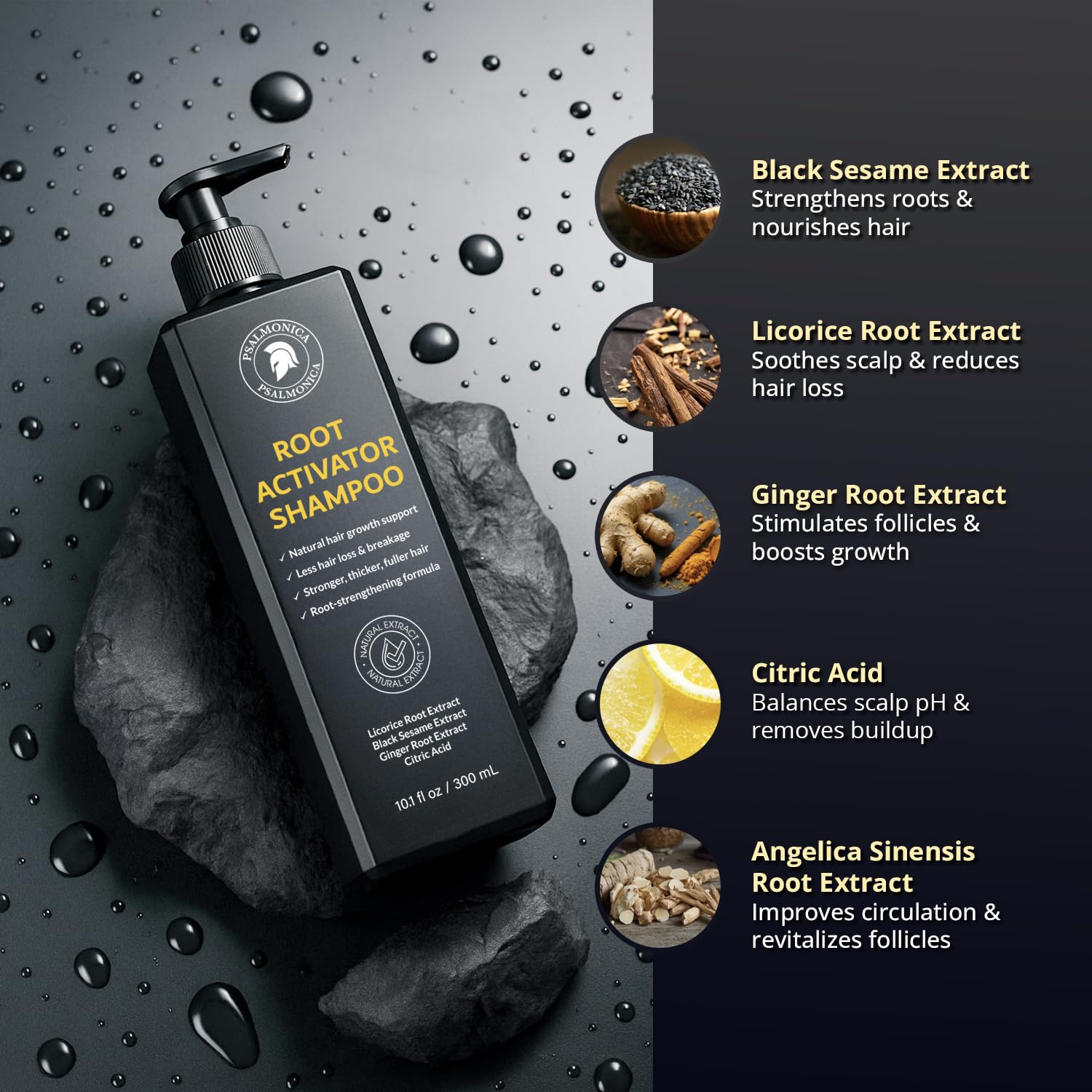 Psalmonica Root Activator Champú, fórmula sin sulfatos, apto para uso diario.