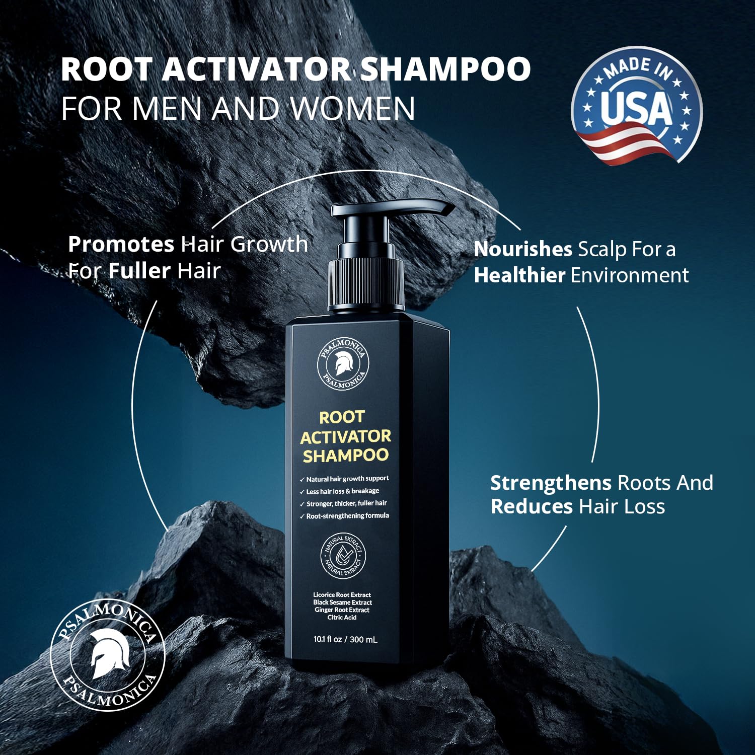 Psalmonica Root Activator Champú, textura cremosa, masaje relajante durante la ducha.