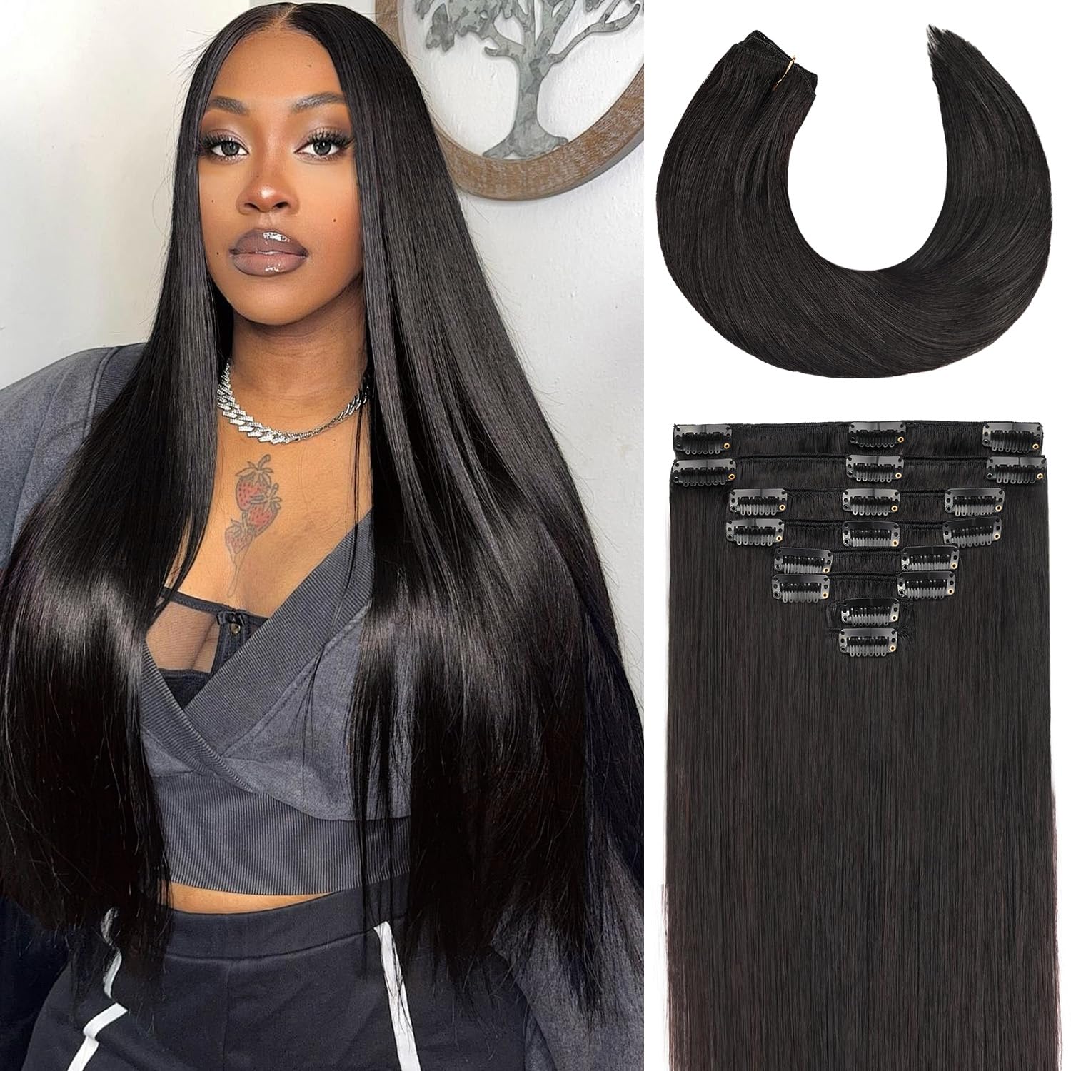 PSIOOL clip-in extensions 18 inches with seamless wefts for natural blending.
