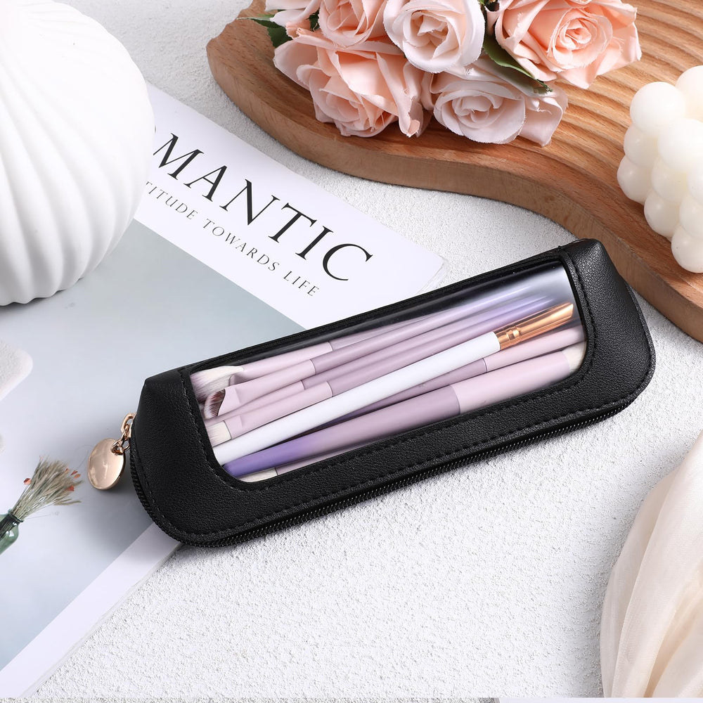 Psyqtsuary bolso maquillaje PU cuero negro: material duradero y fácil de limpiar.