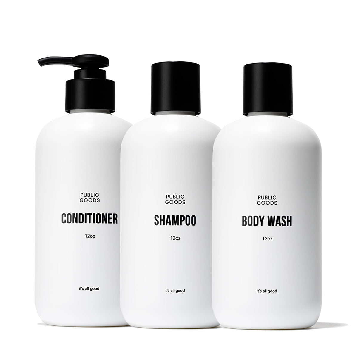 Public Goods champú botella: limpieza suave que equilibra brillo y suavidad del cabello.