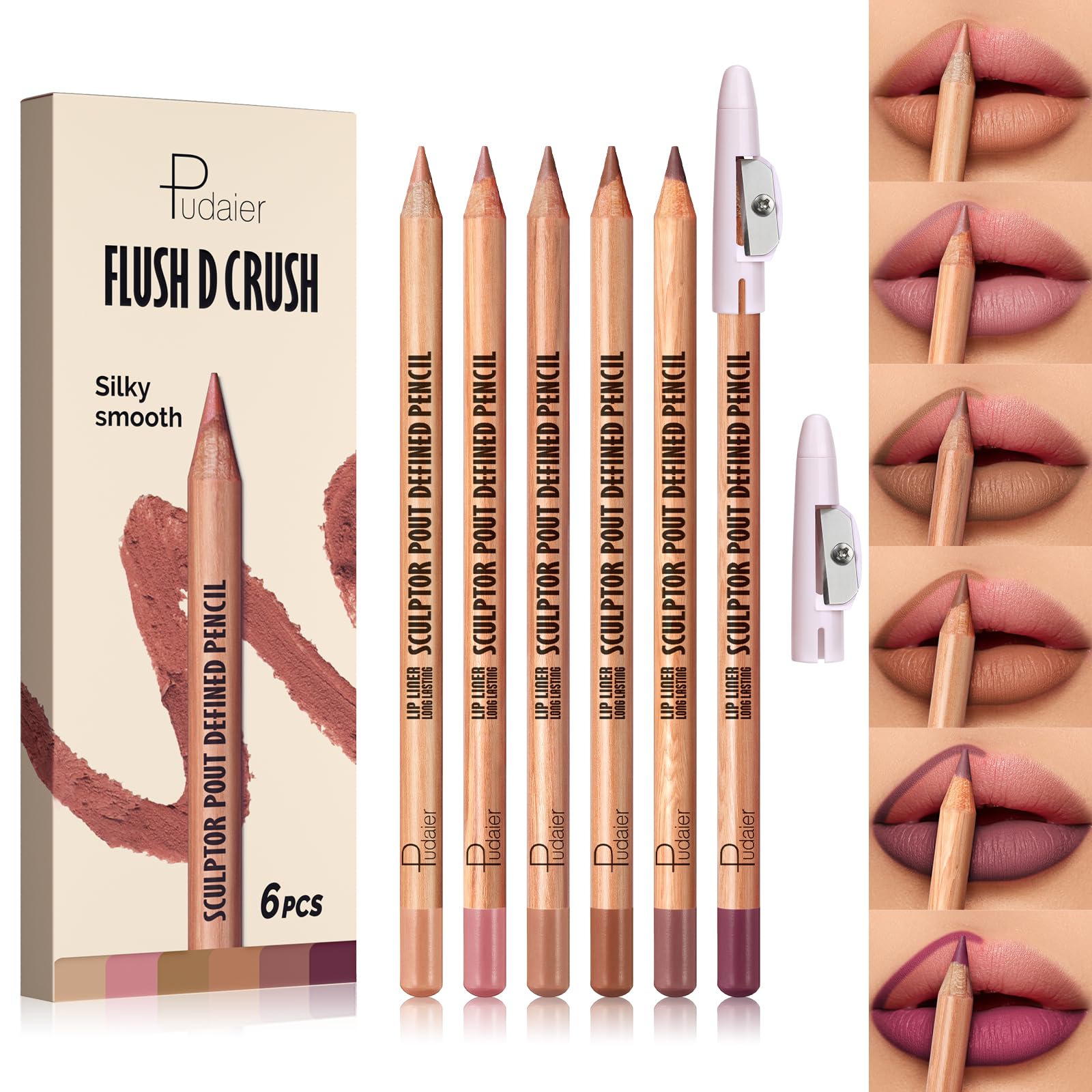 Pudaier delineador labios set6 nude: delineador de labios pigmentado para definición precisa y larga duración.