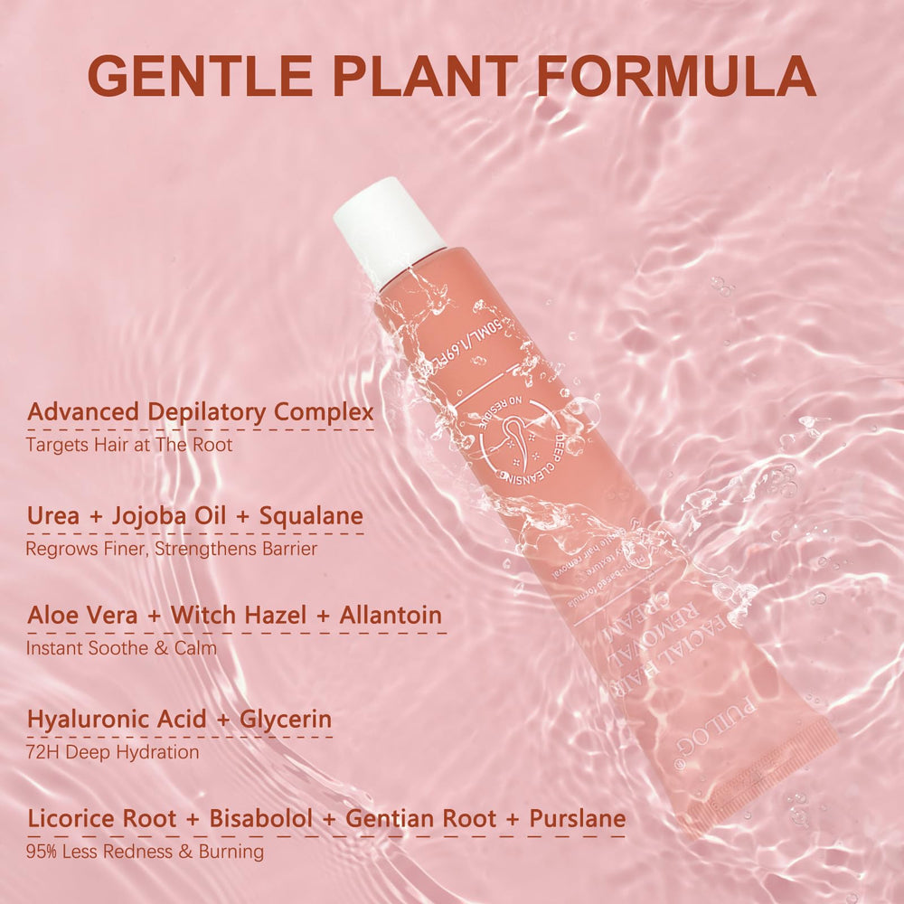 PUILOG crema depilatoria facial, textura hidratante, piel sedosa tras depilar.