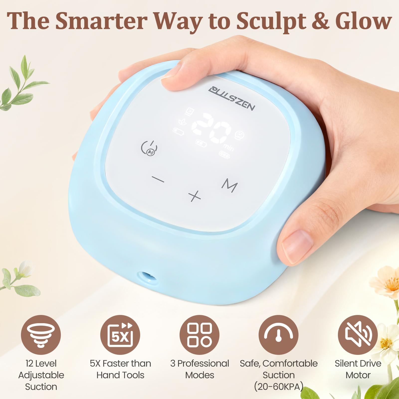 PulsZen dispositivo cuping en mano para deslizamiento suave.