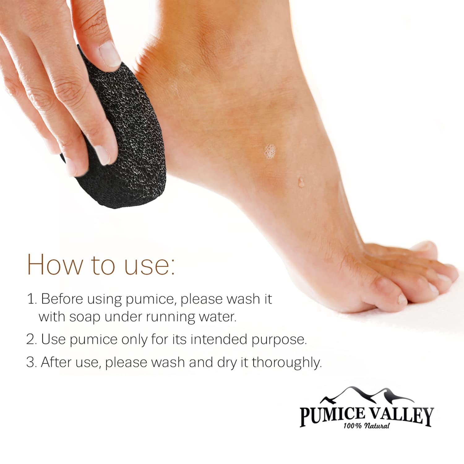 Pumice Valley peut être utilisé sur mains, pieds et talons pour peau douce.