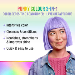 Punky Color 3-en-1 Lavanda: envase que destaca limpieza y deposición de color