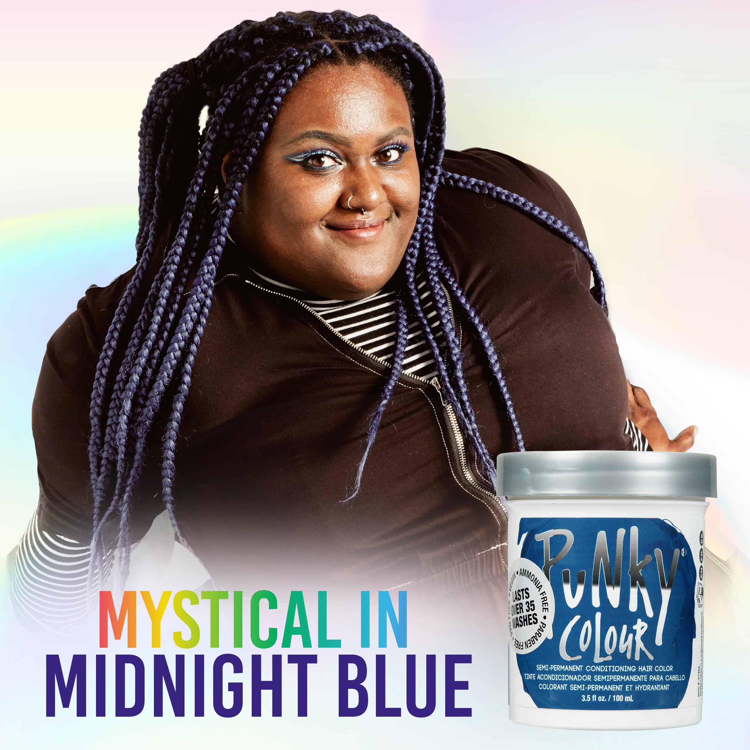 Envase de Punky Midnight Blue con etiqueta vegana y libre de crueldad