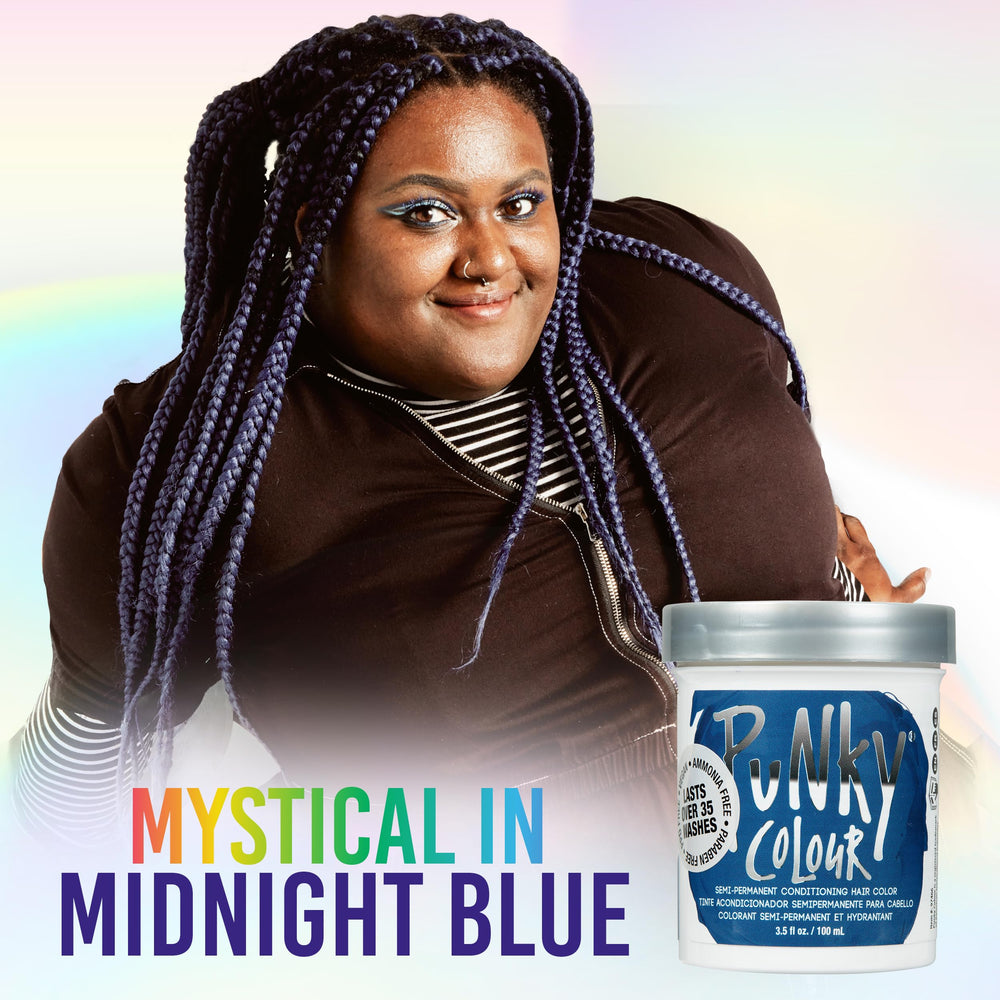 Envase de Punky Midnight Blue con etiqueta vegana y libre de crueldad