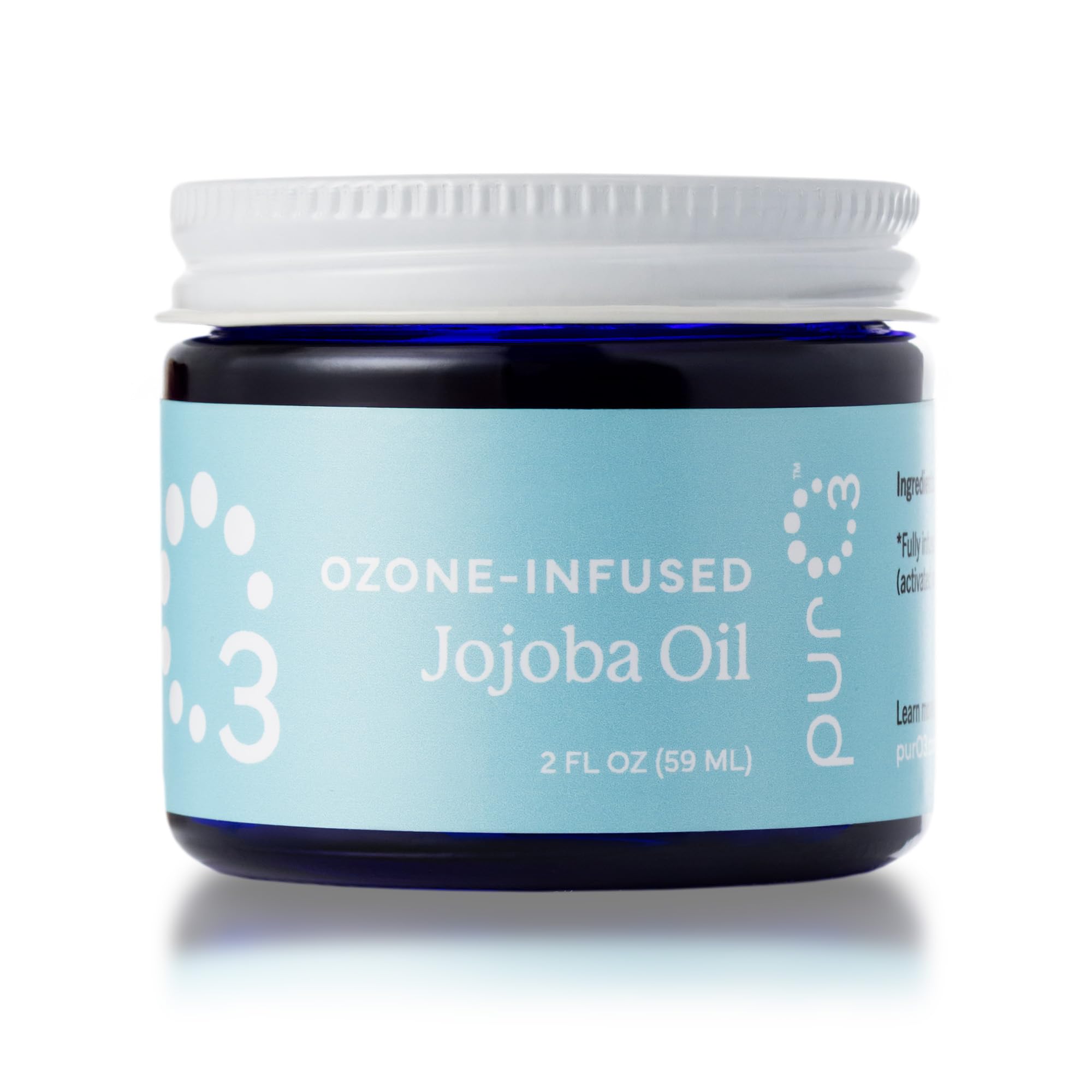 PurO3 aceite de jojoba ozonizado en frasco de vidrio para hidratación suave.