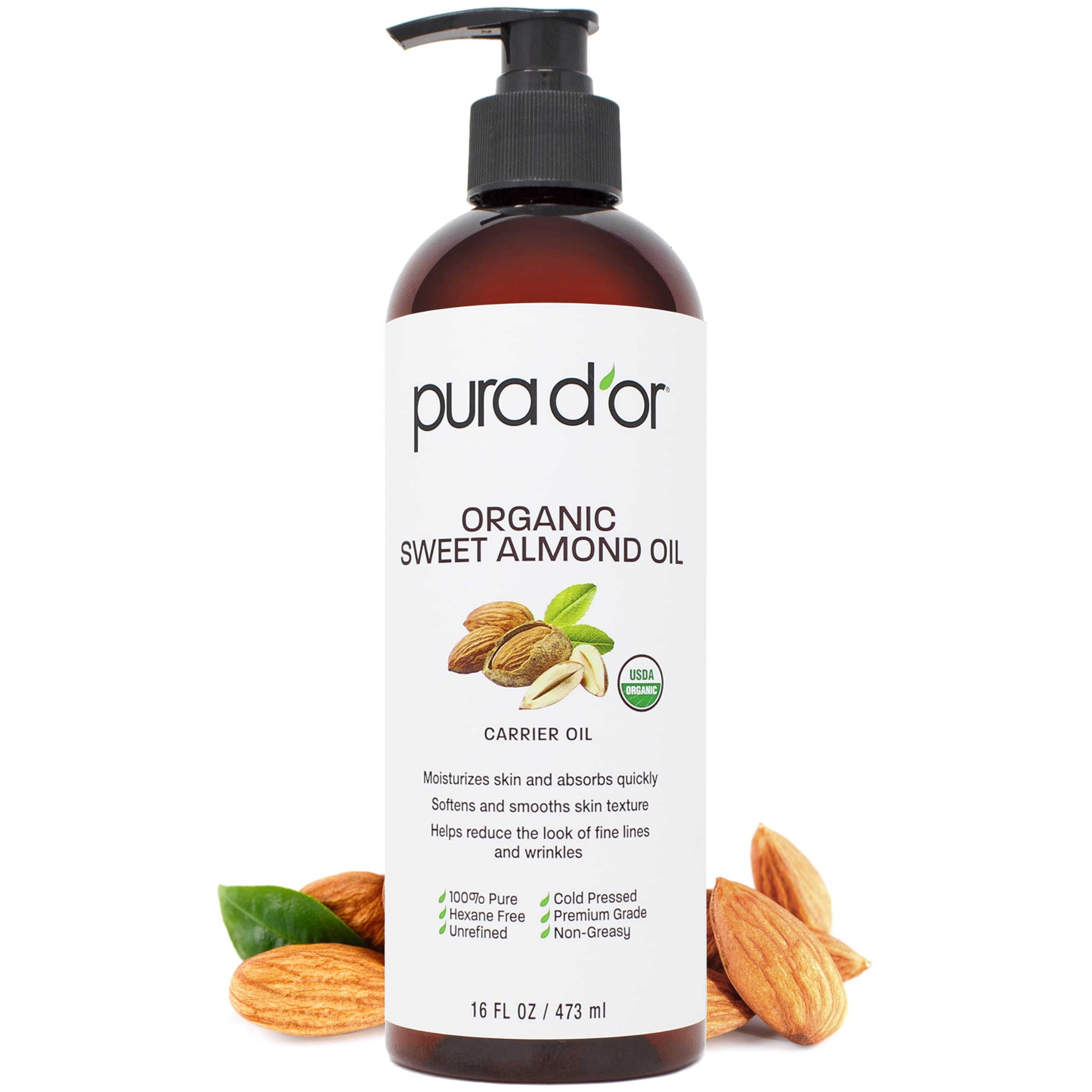 PURA D'OR Aceite de Almendra Dulce Orgánico en botella, hidratación suave para piel y cabello.