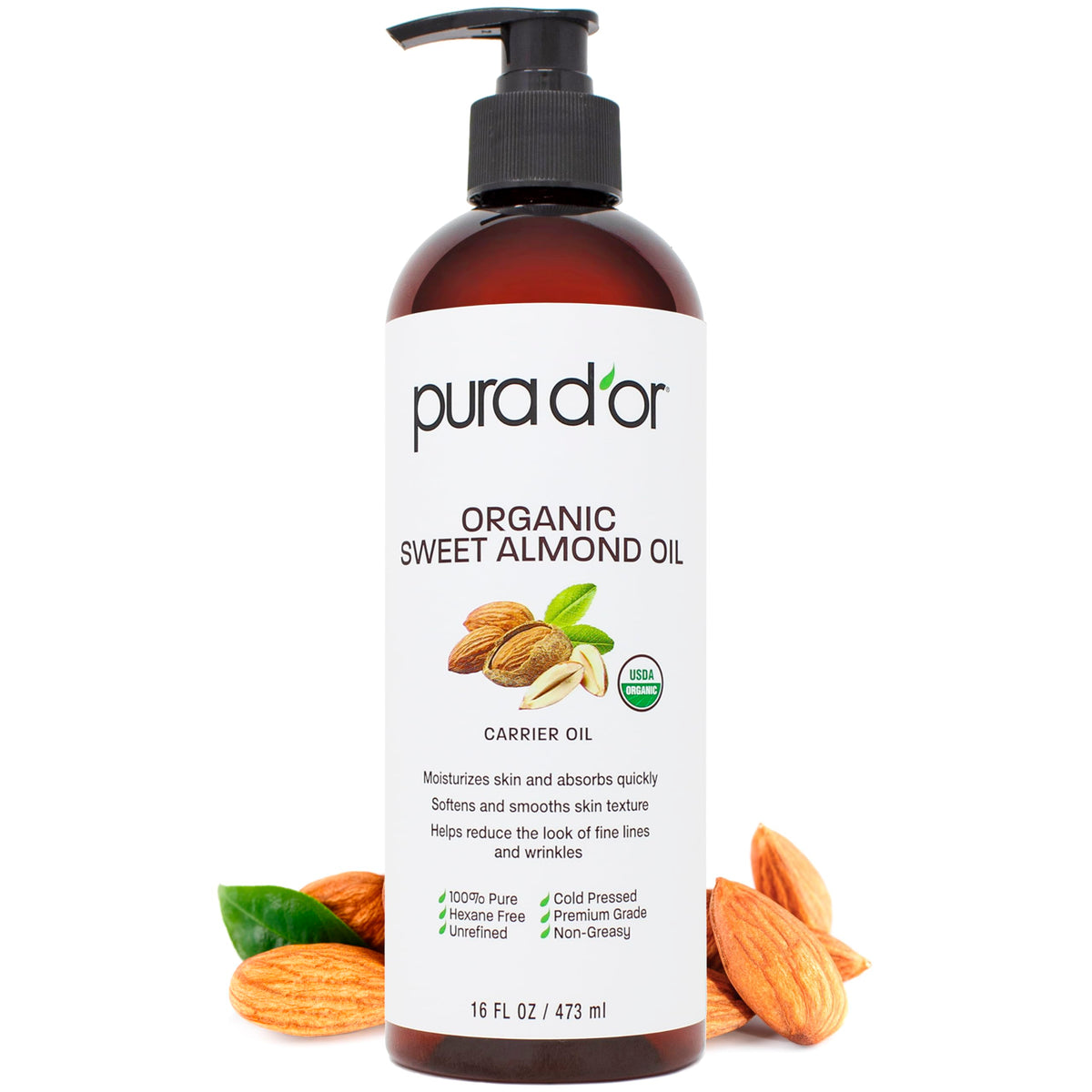 PURA D'OR Aceite de Almendra Dulce Orgánico en botella, hidratación suave para piel y cabello.